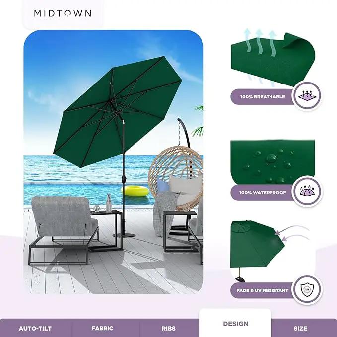 Midtown Umbrellas Sunbrella Umbrella 9 Feet Outdoor Umbrella With Forest Green Acrylic Fabric - Auto-Tilt Aluminum Frame Patio Umbrella For Backyard, Deck, Garden, Pool - Black Pole by GreenHaven Gardens