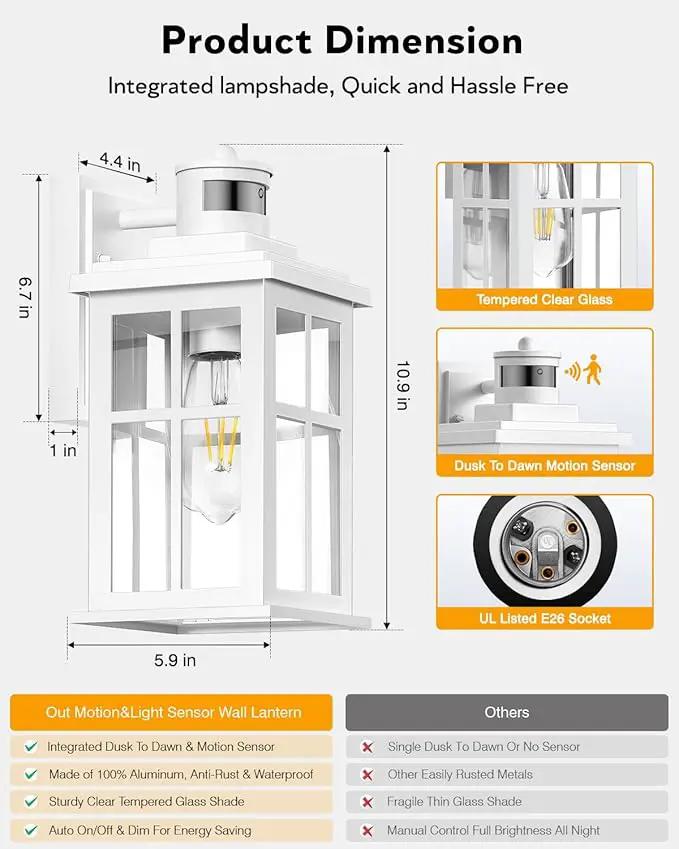 White Outdoor Wall Lights, Motion Sensor Porch Light Outdoor, Dusk to Dawn Outdoor Light Fixtures, Waterproof Outside Lights for House, Garden, Front Porch, Tempered Glass, Anti-Rust by GreenHaven Gardens
