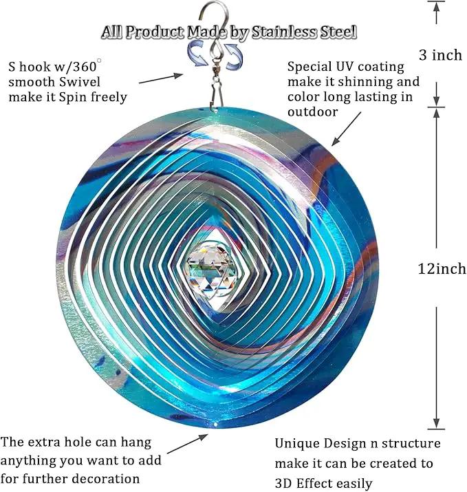 FONMY Mandala Wind Spinner w/Crystal Ball 3D Stainless Steel Hanging Wind Spinner Worth Gift Christmas Decoration Indoor/Outdoor Garden Décor Kinetic Yard Art 12 Inches Multi Blue Wind Sculpture by GreenHaven Gardens