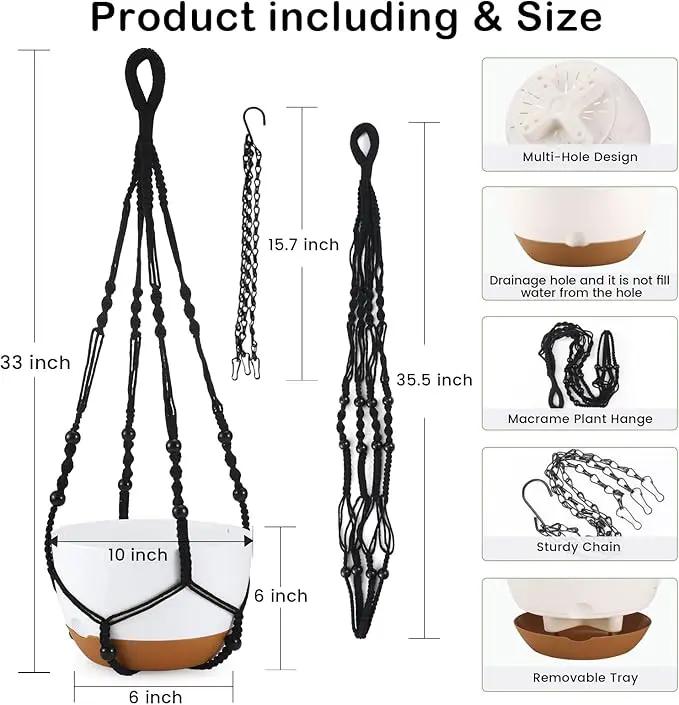 10 Inch Hanging Planter, 2 Pack Hanging Plant Self Watering Pot with Drainage Holes & Saucers, Hanging Baskets Flower Pots with Black Macrame Rope Hangers for Garden Home -White by GreenHaven Gardens