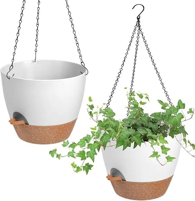 Hanging Planters for Indoor Outdoor Plants, 2 Pack Self Watering Hanging Pot with Drainage Holes & Removable Tray (White, 8'') by GreenHaven Gardens