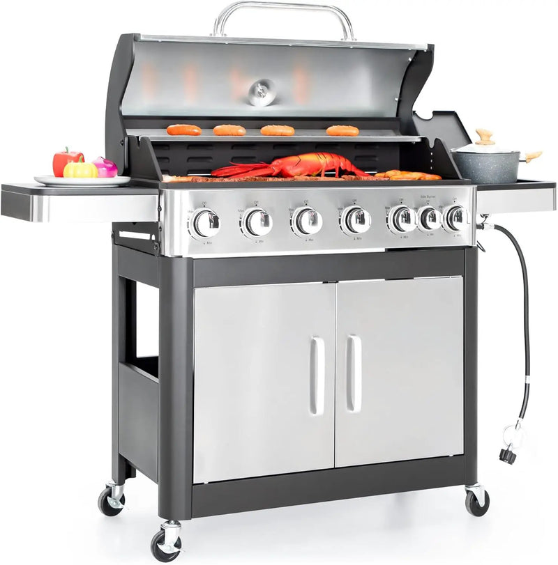 Captiva Designs 6-Burner Propane Gas BBQ Grill with Side Burner & Porcelain-Enameled Cast Iron Grate for Outdoor Kitchen & Backyard Barbecue, 65,800 BTU Output,665 SQ.IN. Cooking Area,Stainless Steel by GreenHaven Gardens