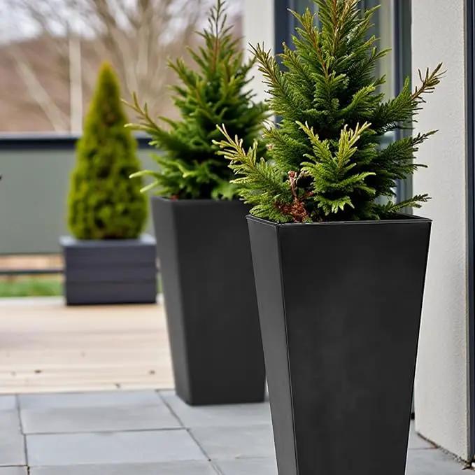 WORTH Garden Large Metal Glazed Planter Set of 2 (25" + 28"), Luxurious Glossy Finish Black Tall Square Tapered Steel Plant Pot, Decor Flower Pot Indoor & Outdoor, Drainage Hole & Dual-Purpose Saucer by GreenHaven Gardens