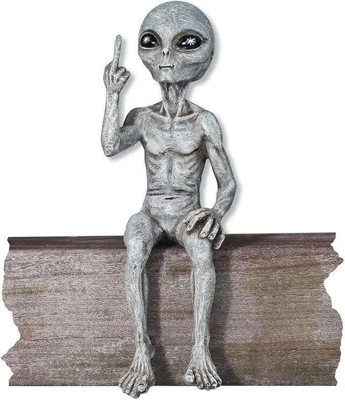 Rude Alien Statue “Flipping The Bird” 10″ H Shelf Sitter Extraterrestrial Figurine Funny Home or Garden Decoration (Alien Gray) by GreenHaven Gardens