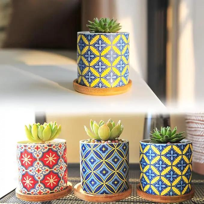 6 Pack Succulent Pots with Drainage Hole, 3 inch Ceramic Succulent Planter with Bamboo Tray, Bright Color Succulent Plant Pots for Cacti Succulent Soil Potting Mix Indoor/Outdoor by GreenHaven Gardens