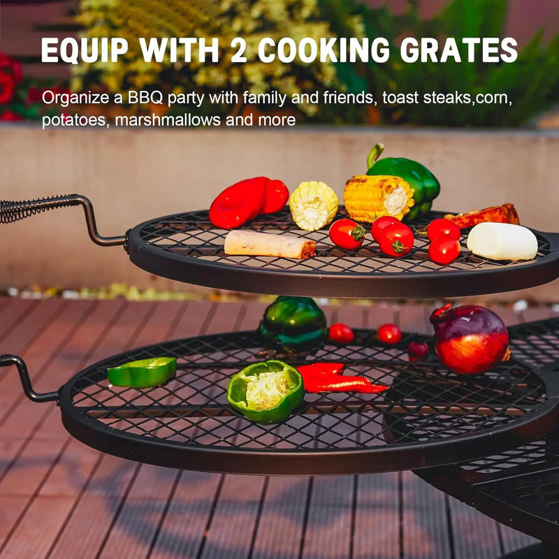 42 Inch BBQ Fire Pit with 2 Grills,3-in-1 Outdoor Round Metal Fire Pit Table with Lid,Fire Poker,Large Outdoor Wood Burning Firepits for Outside,Picnic,Bonfire Backyard Patio(Black) by GreenHaven Gardens