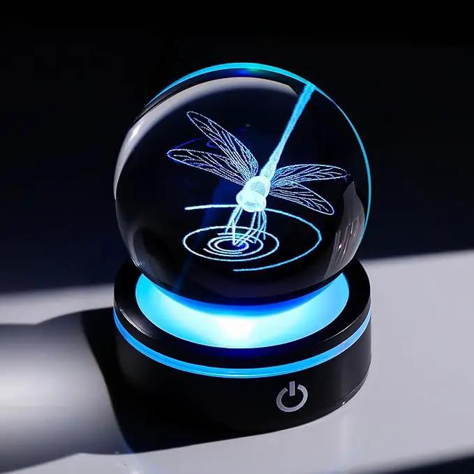 YWHL Crystal Ball 3D Dragonfly Figurine with LED Base, Dragonfly Gifts for Men Women on Christmas Birthday, Glass Animals Insect Sphere Decorative Ball for Home Decor (80mm) by GreenHaven Gardens