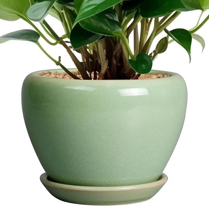6 Inch Plant Pot - Ceramic Planter for Indoor Plants Round Planter Outdoor Plant Pot with Drainage Hole and Saucer Modern Flower Pot for Succulent Garden Green by GreenHaven Gardens