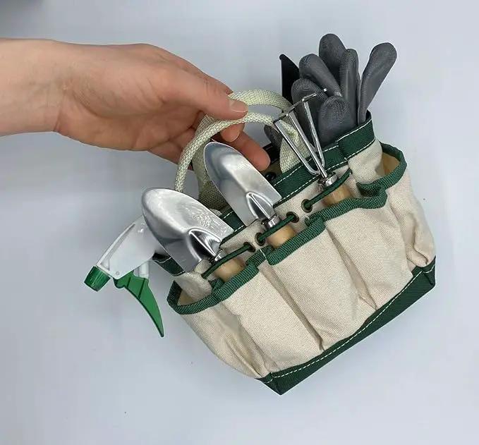 RyKing Small Garden Tool Set, 8 Piece Gardening Balcony Mini Kit Bag, Trowel Transplanter Hand Rake Pruner Snips Shovel Gloves Watering Spray, Stainless Steel Wooden Handles, Gift for Woman Men Kids by GreenHaven Gardens