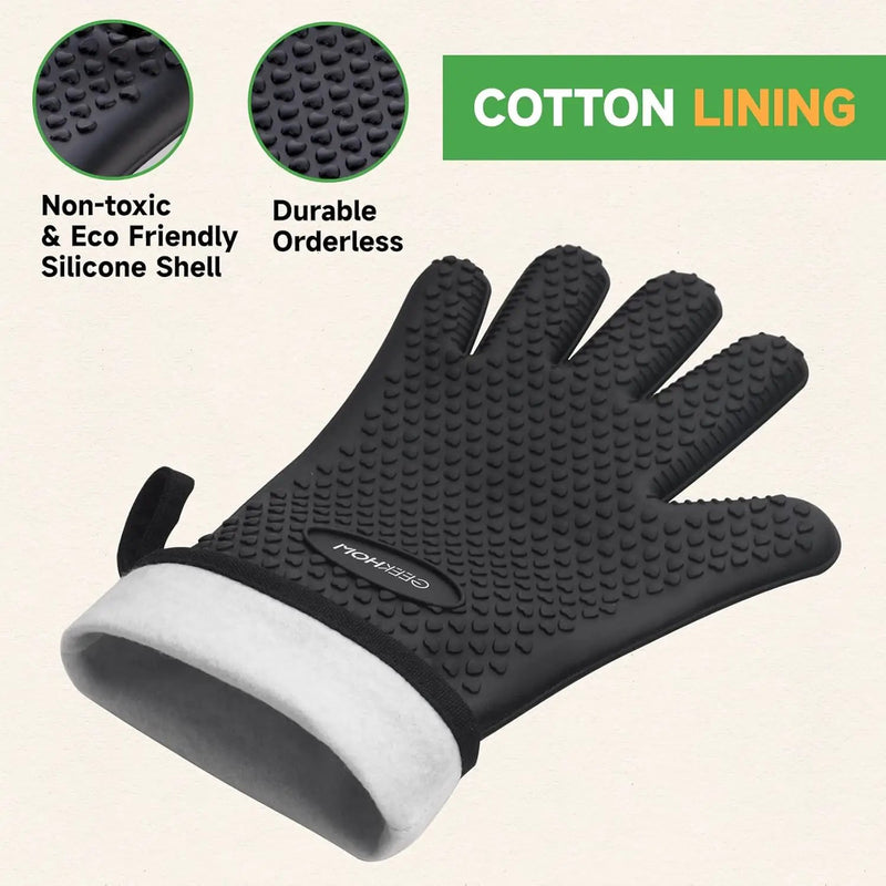 GEEKHOM BBQ Gloves, Grilling Gloves Heat Resistant Oven Gloves, Kitchen Silicone Oven Mitts, Long Waterproof Non-Slip Pot Holder for Barbecue, Cooking, Baking, Black by GreenHaven Gardens