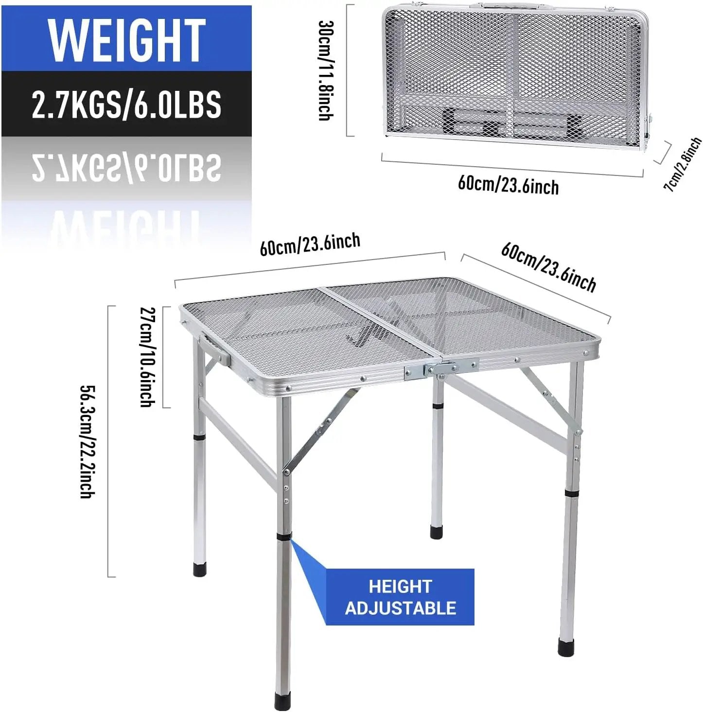Nice C Square Table for Grill, Folding Table, Camping Table, Outdoor Table, Card Table, Height Adjustable, Mesh Bag Lightweight, Carry Handle, Aluminum (23.6"x23.6" White) by GreenHaven Gardens