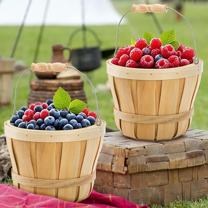 Okllen 2 Pack Round Wooden Baskets with Handle, Empty Wood Fruit Buckets, Easter Basket Fall Harvest Basket for Display Fruits Vegetables, Home Garden and Party Supplies, Natural Color by GreenHaven Gardens