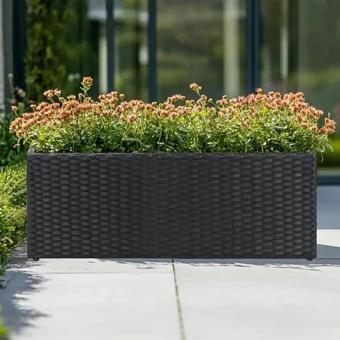 LEWIS&WAYNE Large Rectangular Block Planter Box Handmade Wicker Tall Planters for Outdoor Plants with Removable Liners Modern Planter for Indoor Outdoor Patio Deck - Black, 30''x12''x16'' by GreenHaven Gardens