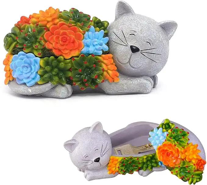 Outdoor Cat Key Hider Statue - Cute Succulent Cat Hide a Key Outdoor Decorative - Small Gift Box for Women, Home Decor & Cat Gifts (Cat) by GreenHaven Gardens