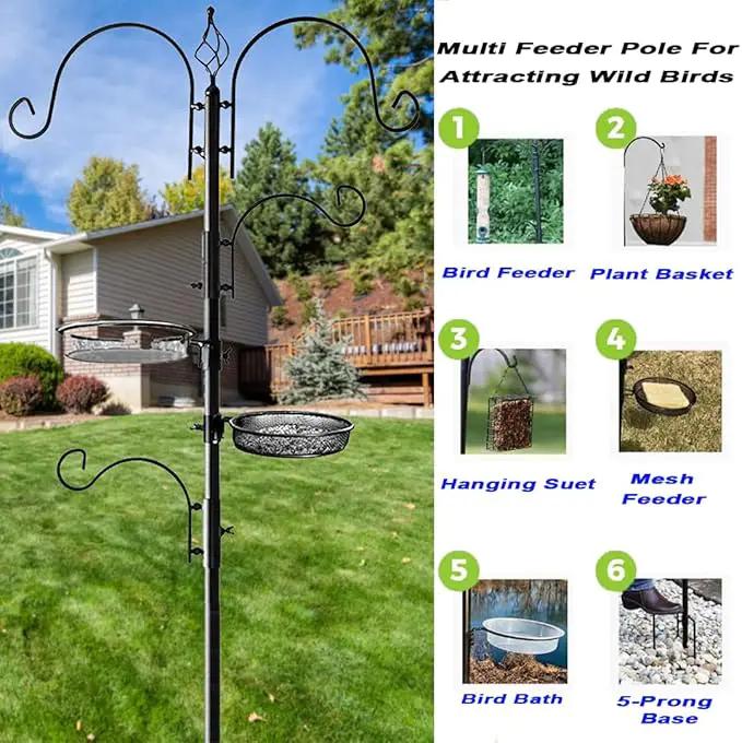 Ashman Deluxe Bird Feeding Station (4 Pack) Bird Feeders for Outside - Multi Feeder Pole Stand Kit with 4 Hangers, Bird Bath and 3 Prong Base for Attracting Wild Birds - 22 Inch Wide x 92 Inch Tall. by GreenHaven Gardens