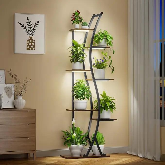 62" Tall Plant Stand with Grow Light Indoor, 7 Tiered Metal Plant Shelf Bookshelf, Curved Corner Flower Stand Display Storage Rack Holder for Living Room, Balcony Decor by GreenHaven Gardens