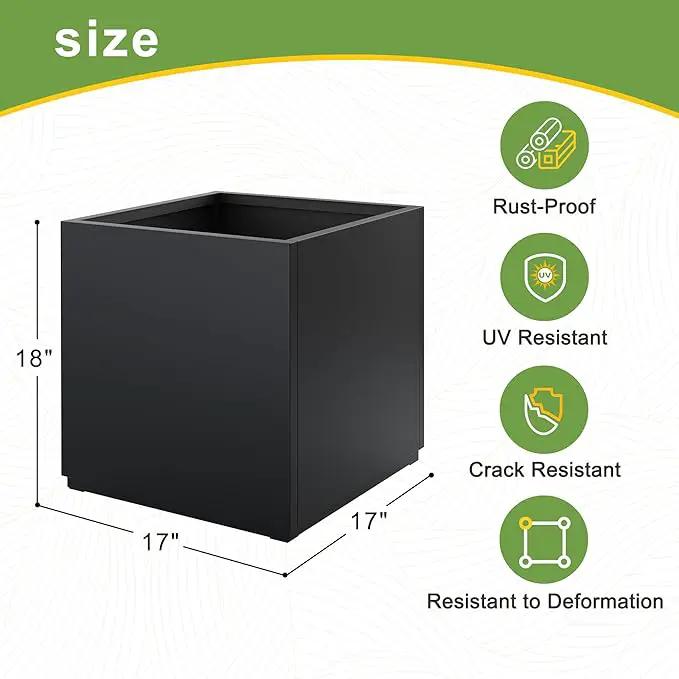 FENCY Large Square Planter 17" L x 17" W x 18" H, Planters for Outdoor Plants, Large Outdoor Planters for Porch Patio, Black Square Planter with Drainage Hole, All-Weather Use Cube Planter by GreenHaven Gardens