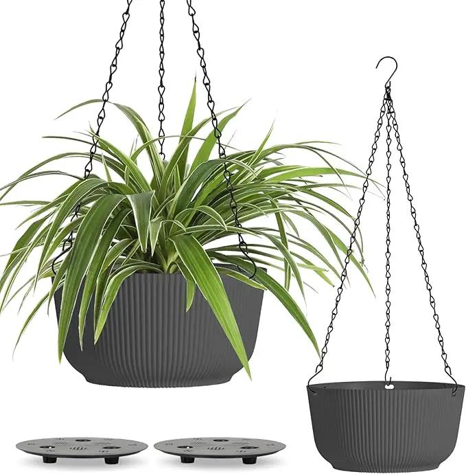 T4U 8 Inch Hanging Planters for Indoor Outdoor Plants, Self Watering Hanging Pot Pack of 2, Hanging Pots with Drainage Hole & Plug & Chain with 3 Hooks for Garden Home Decor, Grey by GreenHaven Gardens