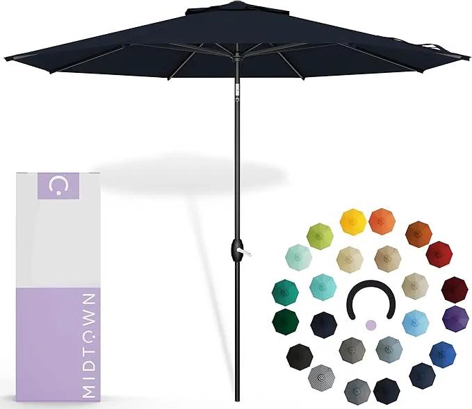 Midtown Umbrellas Sunbrella Umbrella 9 Feet Outdoor Umbrella With Canvas Navy Acrylic Fabric - Auto-Tilt Aluminum Frame Patio Umbrella For Backyard, Deck, Garden, Pool - Black Pole by GreenHaven Gardens