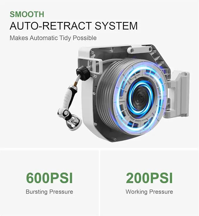 5/8" x 100 ft Heavy Duty Retractable Garden Hose Reel by HOZEREEL, Outdoor Garden Hose Reels - Self Retract Wall Mount Hose Reel Automatic Storage, Any Length Lock, 10 Pattern Nozzle by GreenHaven Gardens
