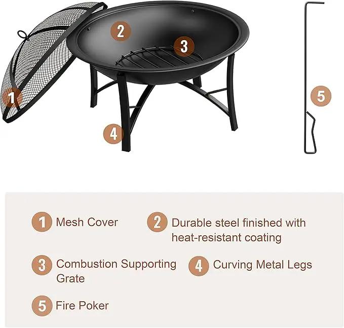 Fire Beauty Fire Pit for Outside Wood Burning,BBQ Grill Steel Fire Bowl with Spark Screen Cover,Log Grate,Poker for Camping Beach Bonfire Picnic Backyard Garden by GreenHaven Gardens