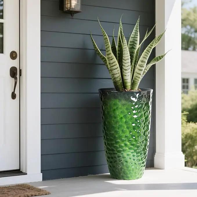 Worth Garden 14" Dia x 24" H Large Plastic Planters with Drainage Hole, Set of 2 Hammered Texture Green Glossy Smooth Finish, Tall Round Decorative Flower Plant Pot for Indoor Outdoor, Front Porch by GreenHaven Gardens