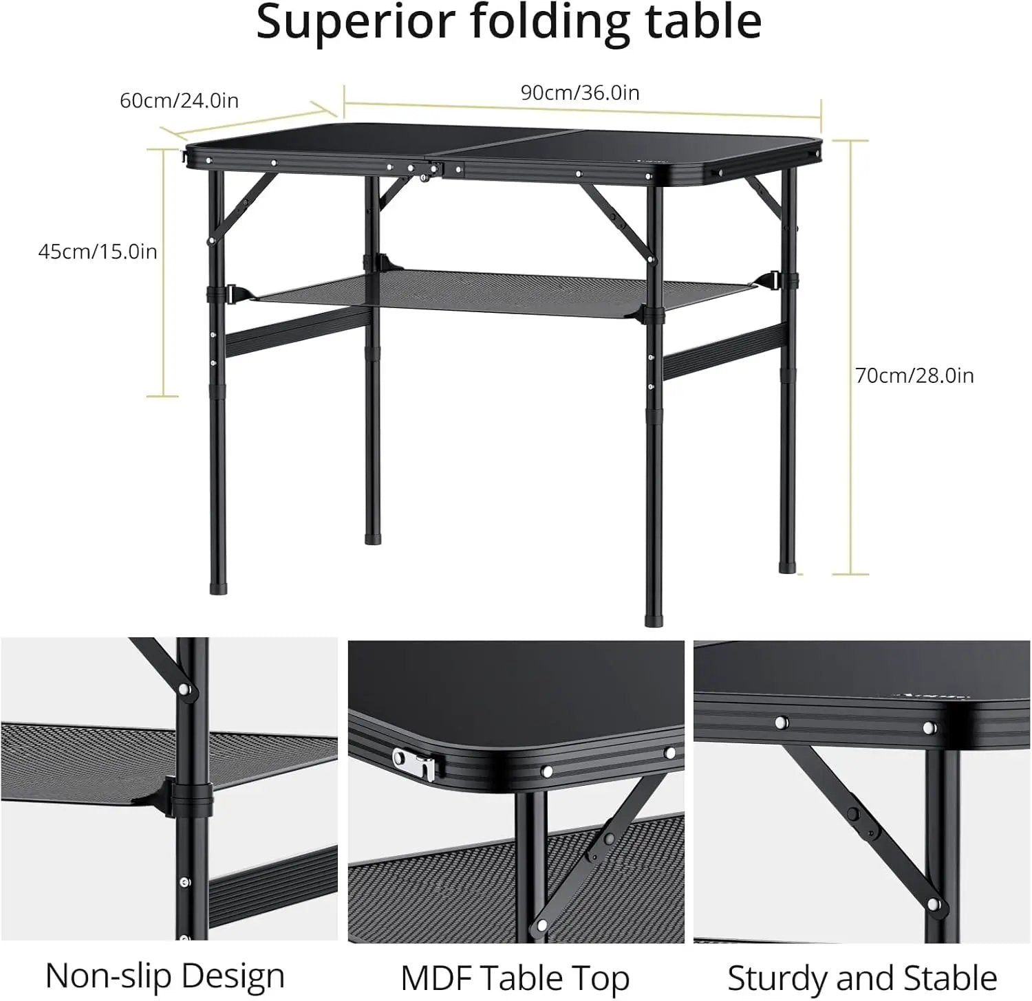 Folding Camping Table, 36" x 24" Portable Table Adjustable Height Max 28 inch Aluminum Folding Table with Storage Net, Lightweight, Portable Handle for Travel, Outdoor, Backyard (Black) by GreenHaven Gardens