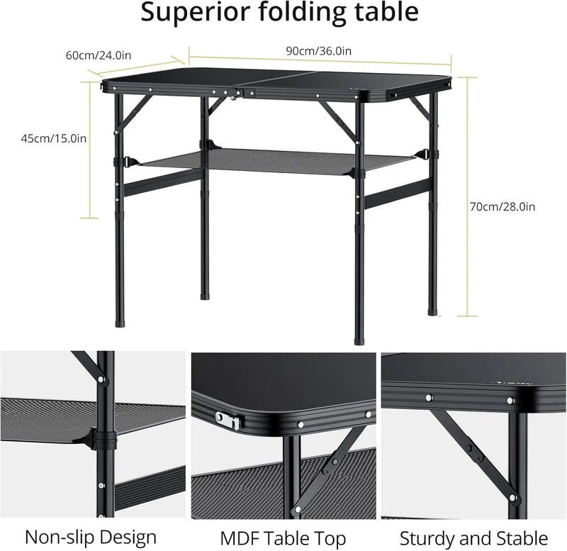 Folding Camping Table, 36" x 24" Portable Table Adjustable Height Max 28 inch Aluminum Folding Table with Storage Net, Lightweight, Portable Handle for Travel, Outdoor, Backyard (Black) by GreenHaven Gardens