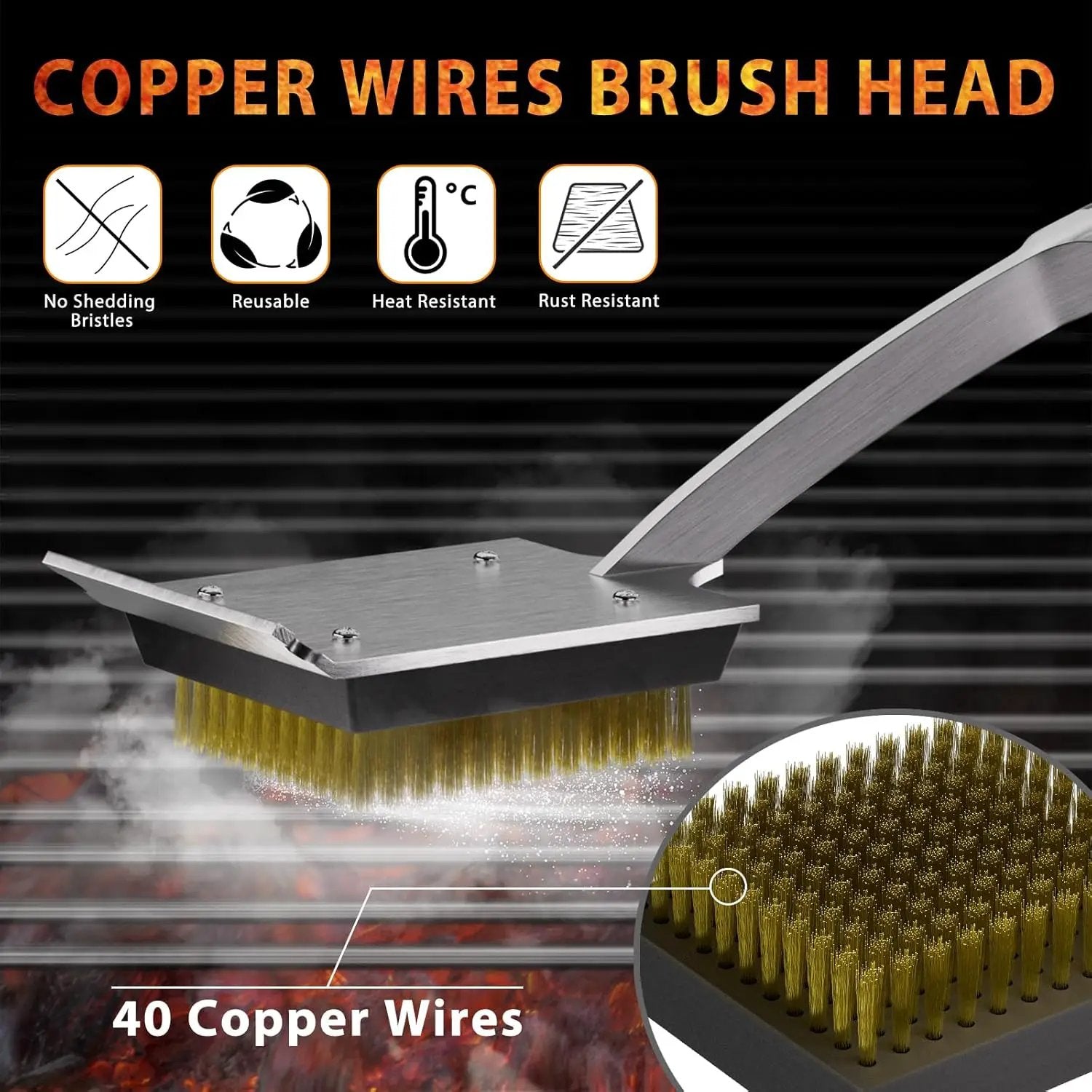 ENLOY Grill Brush and Scraper for Barbecue, 17" Grill Brush for Outdoor Grill, Extended Rosewood Handle and 2 Replaceable Copper Wire Brush Heads, Grill Cleaning Brush Grill Accessories for Most Grill by GreenHaven Gardens