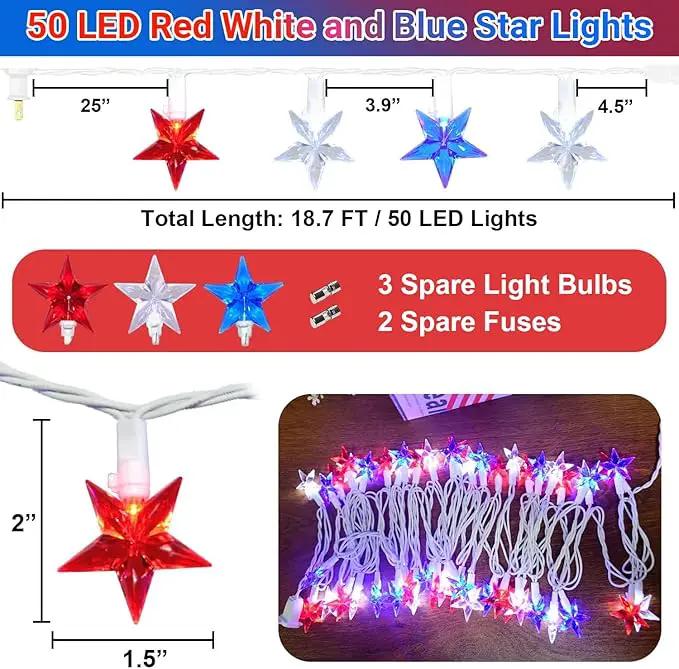 50 LED Red White and Blue Star Lights, 18.5FT 4th of July Lights Plug in, Patriotic Decorations Outdoor Star String Light for Home Patio Porch Garden Memorial Day Independence Day Decor, White Wire by GreenHaven Gardens