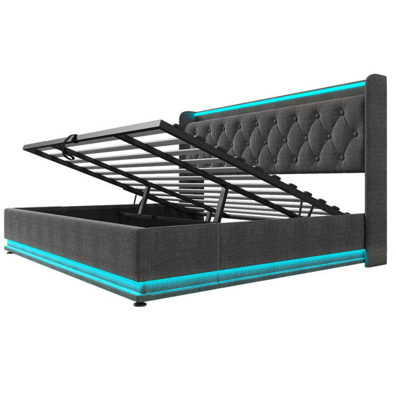 Upholstered Bed, 360 Surround LED Function, Remote Control, Hydraulic Storage Bed With USB, Type-C Charging (Without Mattress) by HouseOfZazla