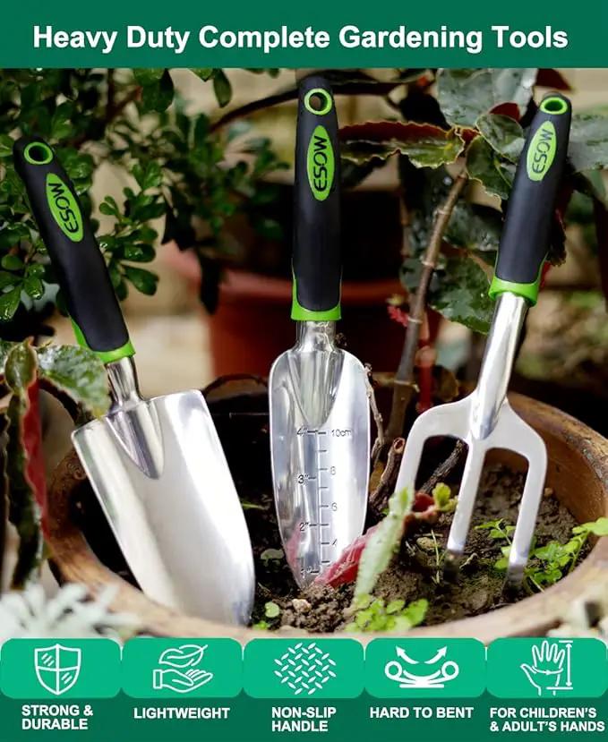 ESOW Garden Tool Set, 3 Piece Cast-Aluminum Heavy Duty Gardening Kit Includes Hand Trowel, Transplant Trowel and Cultivator Hand Rake with Soft Rubberized Non-Slip Ergonomic Handle, Garden Gifts by GreenHaven Gardens