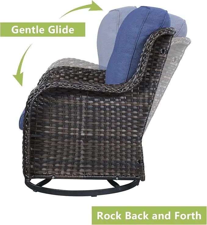 Outdoor Patio Swivel Rocker Chairs - 3 Piece Patio Bistro Set,Wicker Patio Furniture Set with 2 Swivel Rocking Chairs and 1 Glass Top Side Table for Deck Porch Garden,Brown/Blue by GreenHaven Gardens