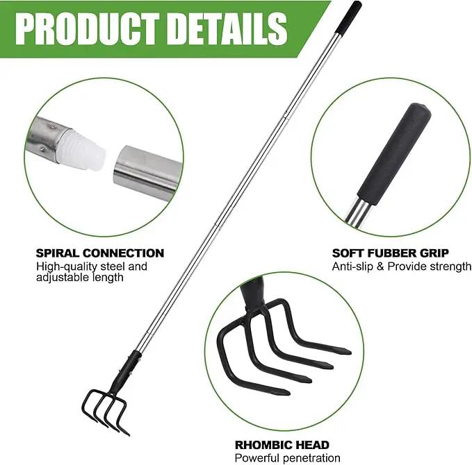 Long Hand Cultivator, Carbon Steel & Stainless Steel Tiller Cultivator, Garden Cultivator with Telescopic Handle and Soft Handle Cover, Hand Tiller for Digging Loosening Weeding by GreenHaven Gardens