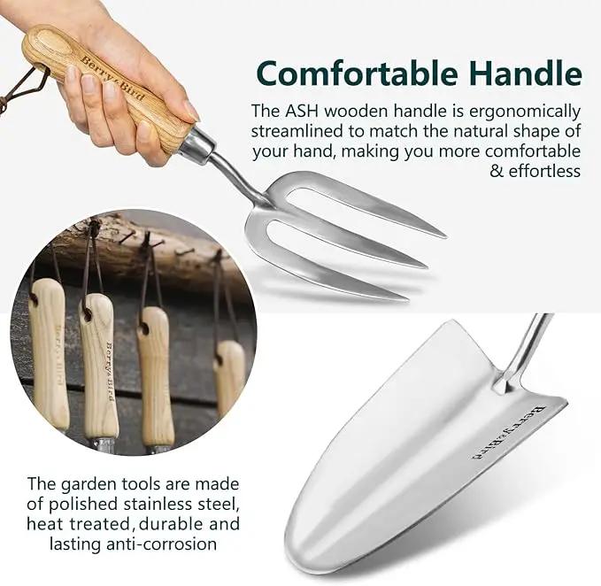 Berry&Bird Gardening Hand Tool Set - 3PCS Stainless Steel Garden Tool Kit Multifunctional Tool with Wooden Handle Trowel, Fork & Weeder for Weeding Planting Transplant, Ideal Garden Gift for Women&Men by GreenHaven Gardens