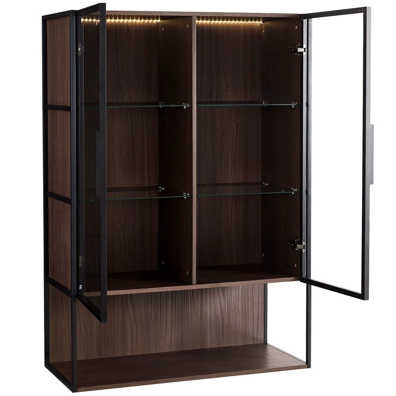 Modern Minimalist Tall Lighted Display Cabinet With Tempered Glass Door - Black / Dark Walnut by HouseOfZazla