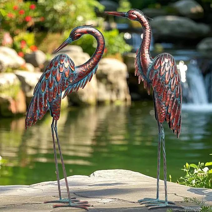 Kircust Metal Crane Statues - Set of 2 Bronze Heron Sculptures for Garden, Patio, or Yard Decor - 27.56" Tall Weatherproof Outdoor Art by GreenHaven Gardens