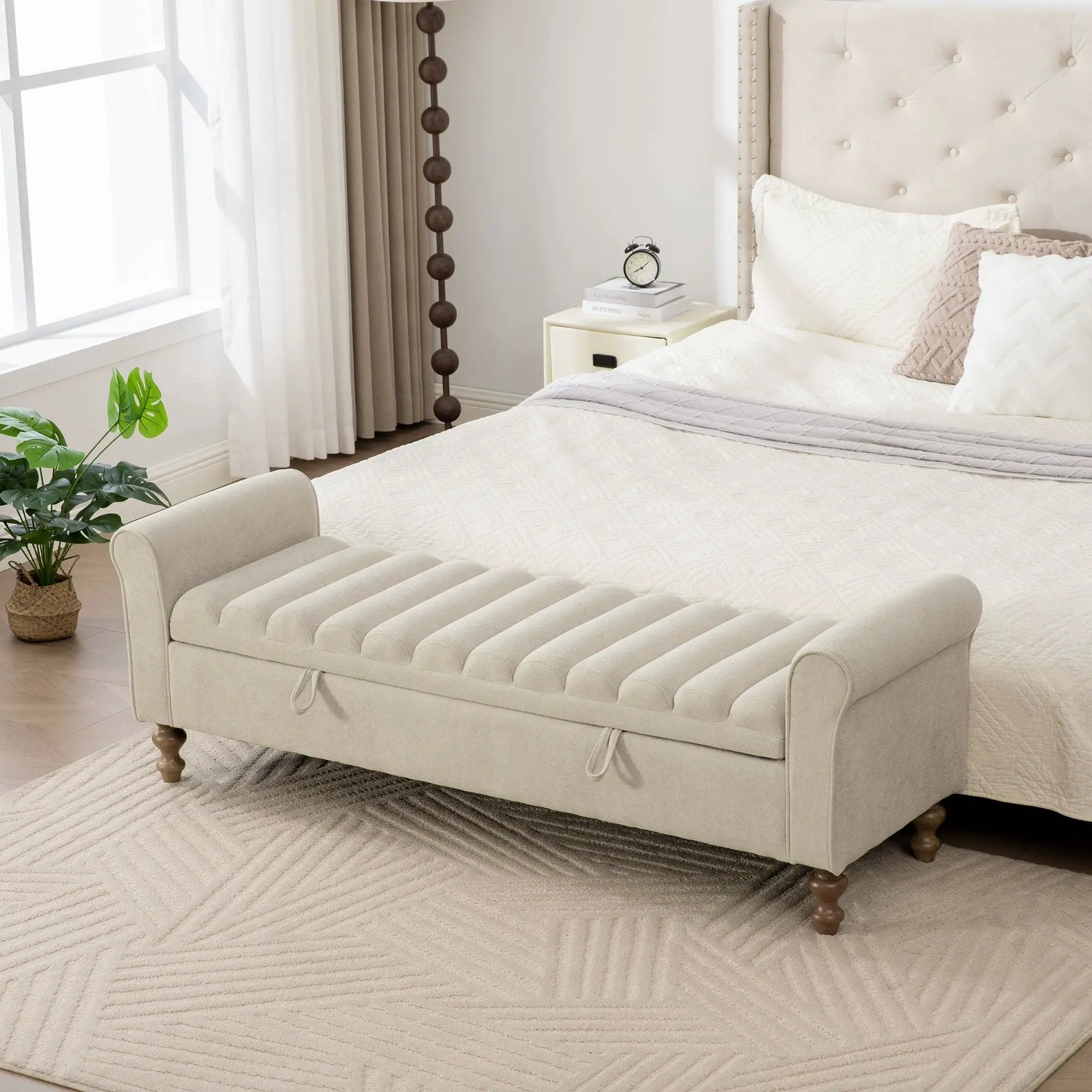 Wide Upholstered Storage Bench With Rolled Armrest For Bedroom - Griege by HouseOfZazla