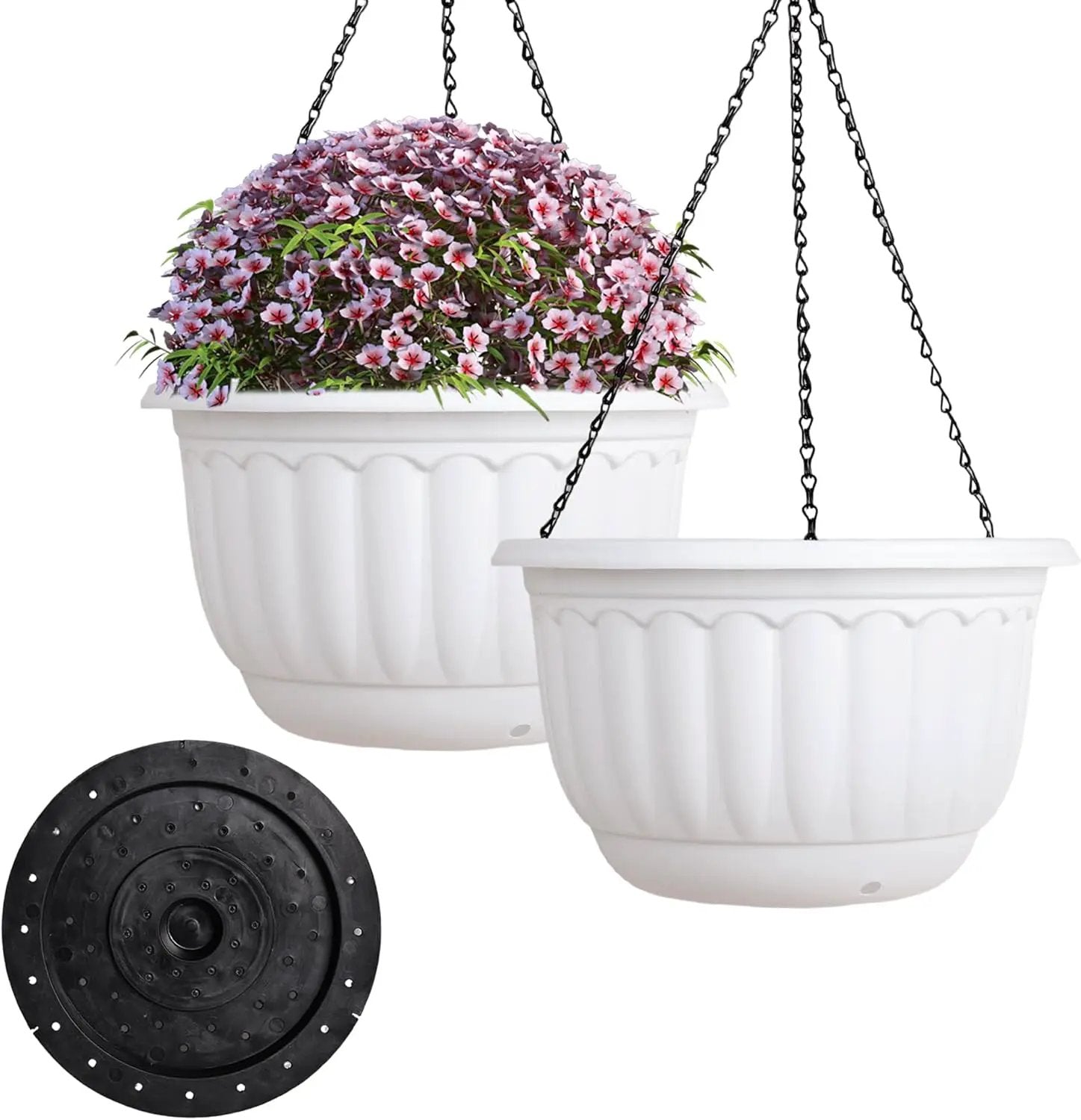 YIKUSH Planters for Outdoor Plants 2 Pack White Plant Pots with Drainage Hole and Absorbing Tray Hanging Planters for Indoor Plants (12 inch, 3 Hooks) by GreenHaven Gardens