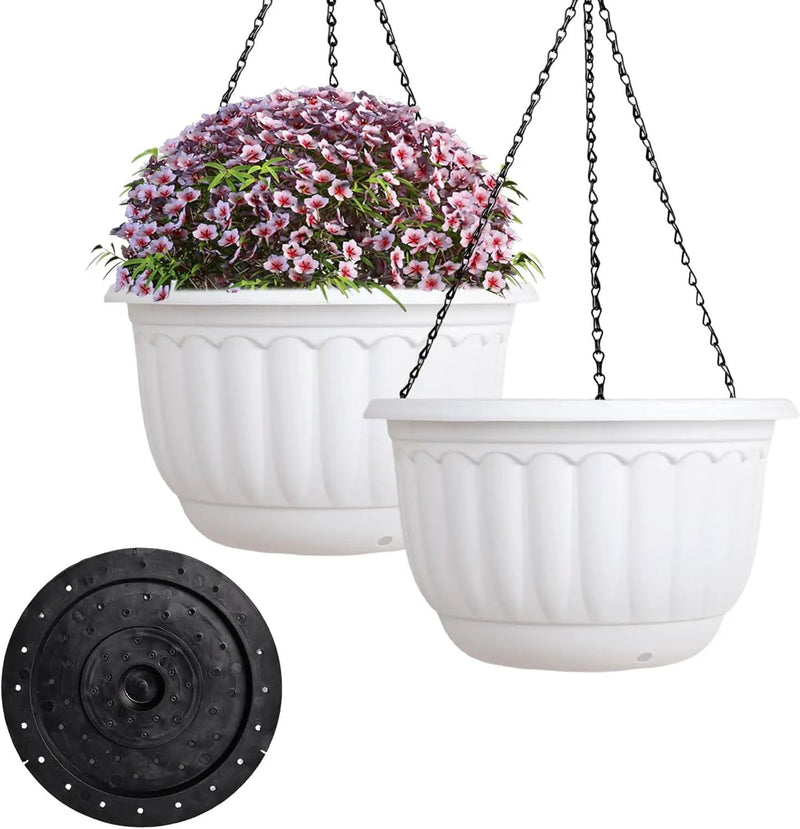 YIKUSH Planters for Outdoor Plants 2 Pack White Plant Pots with Drainage Hole and Absorbing Tray Hanging Planters for Indoor Plants (12 inch, 3 Hooks) by GreenHaven Gardens