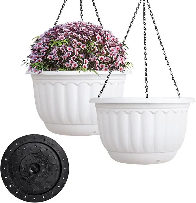 YIKUSH Planters for Outdoor Plants 2 Pack White Plant Pots with Drainage Hole and Absorbing Tray Hanging Planters for Indoor Plants (12 inch, 3 Hooks) by GreenHaven Gardens