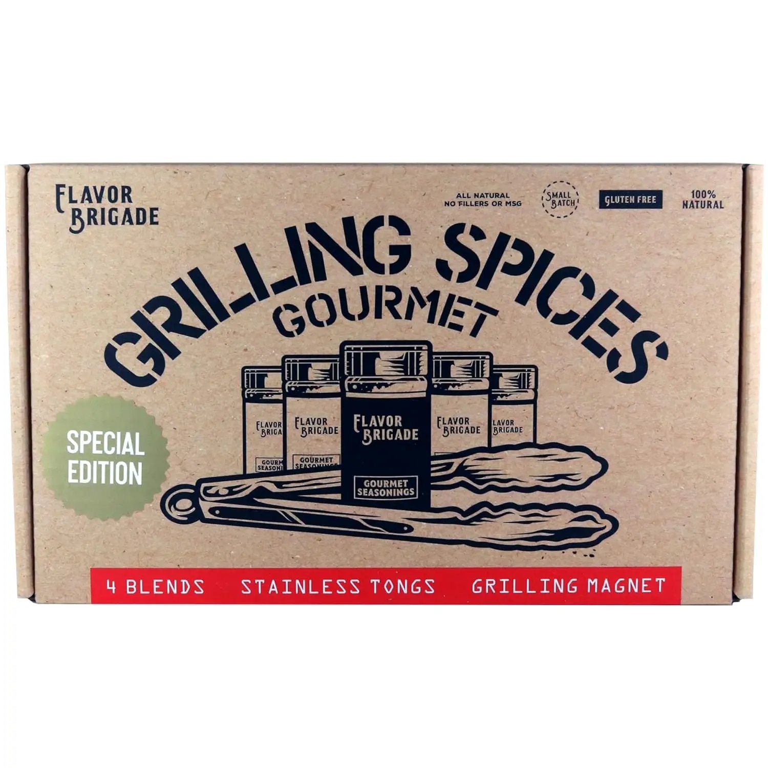 Flavor Brigade Gourmet Grilling Spices Gift Set for Guys, Dad, Men, BBQ Grill Accesories, Smoker, Seasonings, Rub, Steak, Burgers, Chicken, Fish & Stainless Tongs (4 Bags, 7 Piece Set) by GreenHaven Gardens