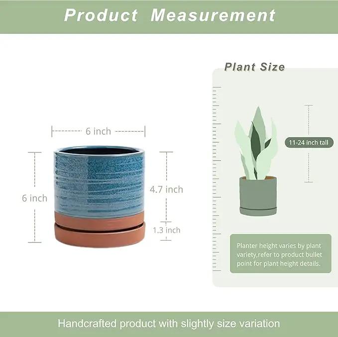 6 Inch Plant Pots, Ceramic Planter Pot with Drainage Hole & Saucer, Indoor/Outdoor Cylinder Round Planter Pot, Aqua Blue & Terracotta Red by GreenHaven Gardens