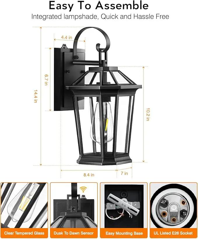 VIANIS Dusk to Dawn Outdoor Wall Lighting, Exterior Light Fixture Wall Mount for House Front Porch Light, Black Anti-Rust Aluminium Modern Outside Coach Lantern with Tempered Glass Shade for Garage by GreenHaven Gardens