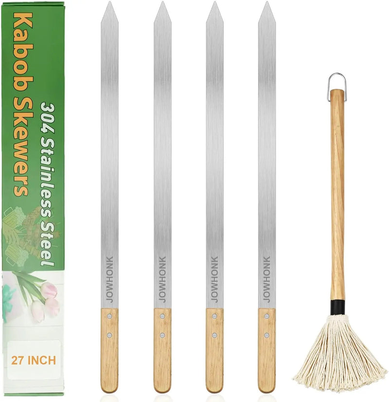 27" 304 Stainless Steel Skewers for Grilling,1 Inch Wide Extra Large Skewers for Kabobs with Wooden Handle,Metal Flat Barbecue Skewer Make Koobideh Brazilian-BBQ Skewer(4),BBQ Mop Brush(1) by GreenHaven Gardens