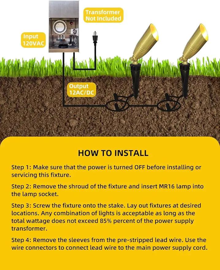 COLOER Die-cast Brass Landscape Spotlight 12-Pack with 5W Aluminum Housing LED MR16 Bulb,12V AC/DC Low Voltage Copper Outdoor Lighting, Directional Garden Patio Spot Up Light (102B Brass Finish) by GreenHaven Gardens