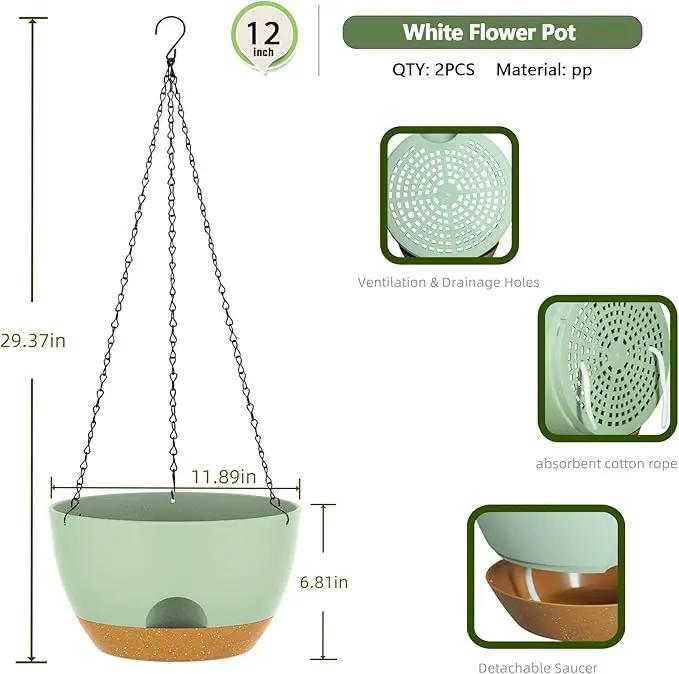 12 Inch Hanging Baskets 2 PC with Chains, Self-Watering Hanging Planters for Indoor Outdoor Plants, Plastic Hanging Flower Pots,Green Brown by GreenHaven Gardens