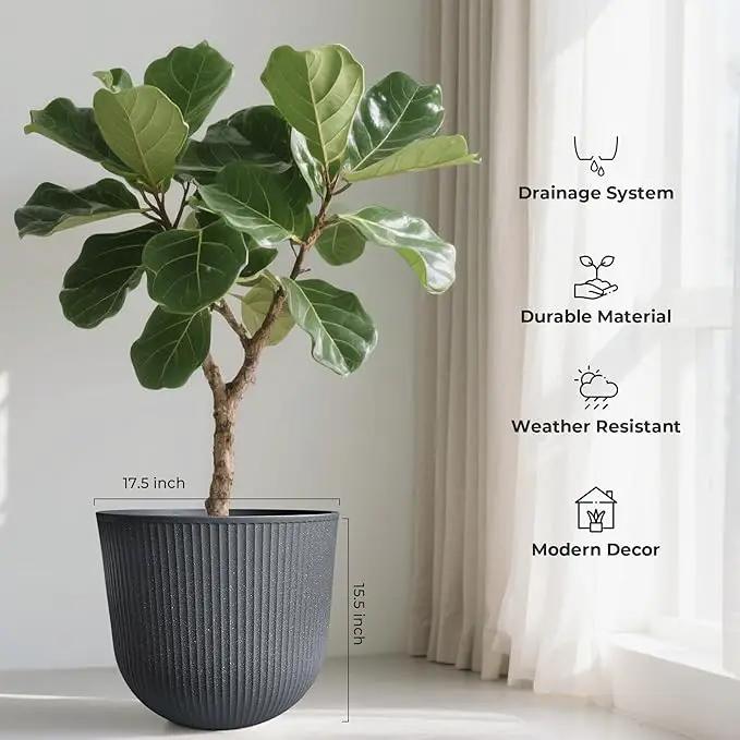 WORTH Garden Round Large Planter Pot 1-Pack - 17.5" Dia x 15.5" H - Durable Plastic Grey Plant Tree Pots with Vertical Stripe Textured Finish, Drainage Hole for Indoor, Outdoor, Front Porch, Patio by GreenHaven Gardens