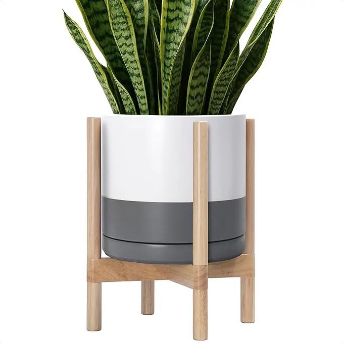 D'vine Dev Ceramic Planter with Natural Stand - 12 Inch Modern Round Flower Pot with Wood Planter Holder, White/Grey, 55-B-J-6 by GreenHaven Gardens