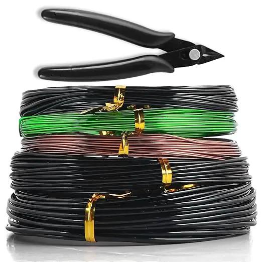 Sanlykate Bonsai Wire Tool Kit with Cutter, 5 Roll Tree Training Wires 164 Feet Total, 1.0mm, 1.5mm, 2.0mm Anodized Aluminum Wire Set, Hold Plant Branches Trunks (Black, Green, Brown) by GreenHaven Gardens